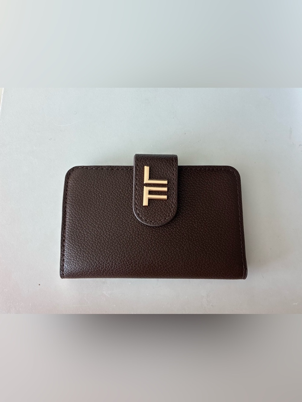 Chestnut Brown Pebbled Leather Wallet with Gold Logo Accent